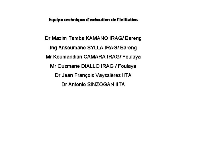 Equipe technique d’exécution de l’initiative Dr Maxim Tamba KAMANO IRAG/ Bareng Ing Ansoumane SYLLA