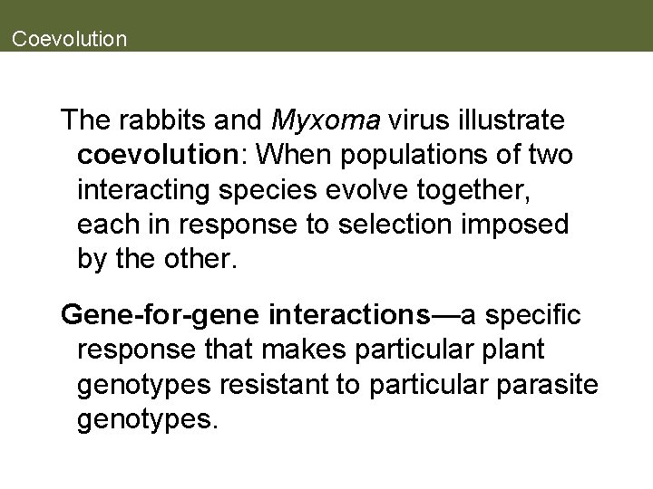 Coevolution The rabbits and Myxoma virus illustrate coevolution: When populations of two interacting species