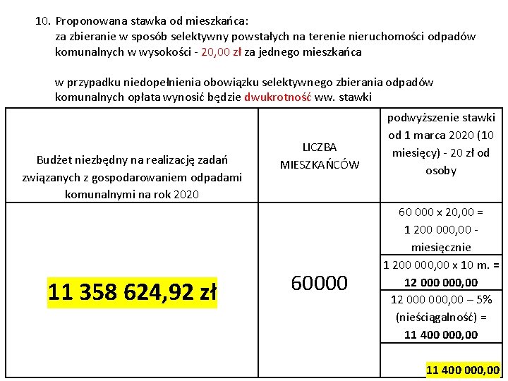 10. Proponowana stawka od mieszkańca: za zbieranie w sposób selektywny powstałych na terenie nieruchomości