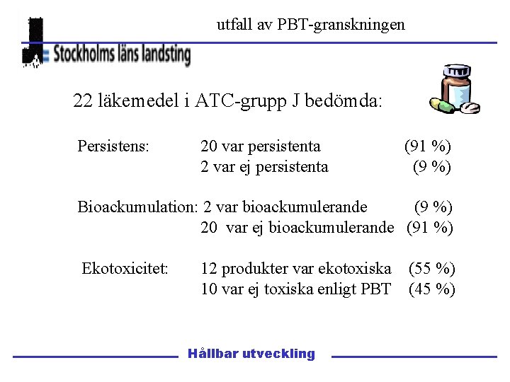 utfall av PBT-granskningen 22 läkemedel i ATC-grupp J bedömda: Persistens: 20 var persistenta 2