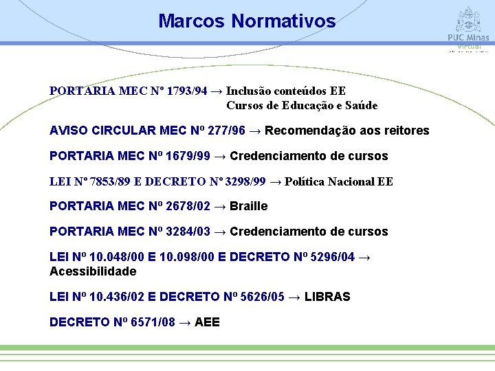 Marcos Normativos PORTARIA MEC Nº 1793/94 → Inclusão conteúdos EE Cursos de Educação e