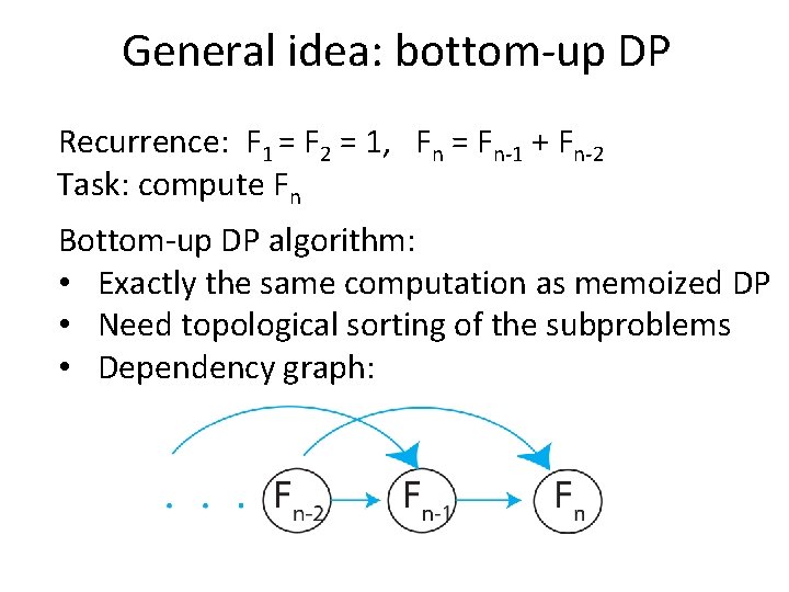 General idea: bottom-up DP Recurrence: F 1 = F 2 = 1, Fn =