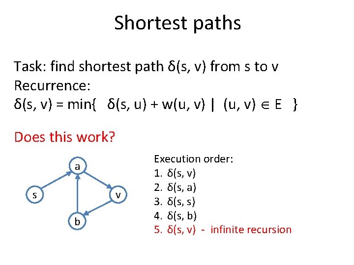 Shortest paths Task: find shortest path δ(s, v) from s to v Recurrence: δ(s,