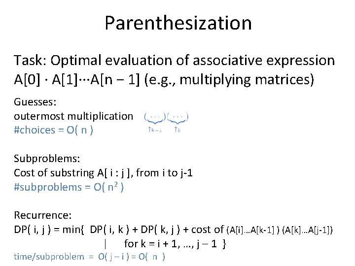 Parenthesization Task: Optimal evaluation of associative expression A[0] · A[1]···A[n − 1] (e. g.