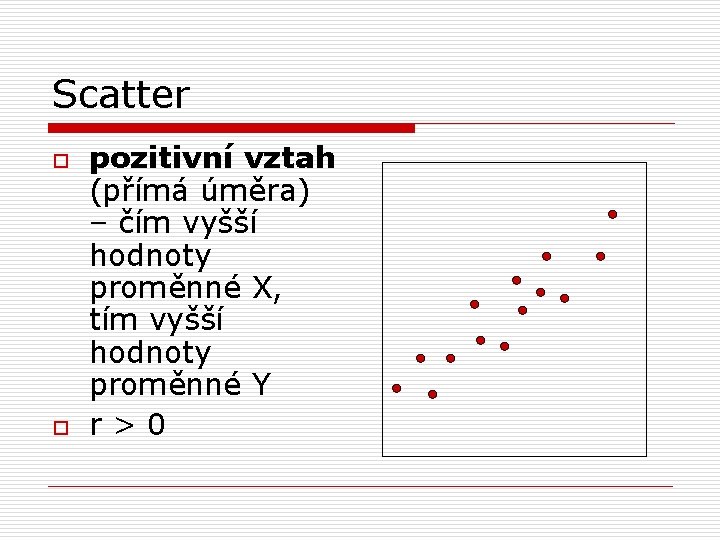 Scatter o o pozitivní vztah (přímá úměra) – čím vyšší hodnoty proměnné X, tím