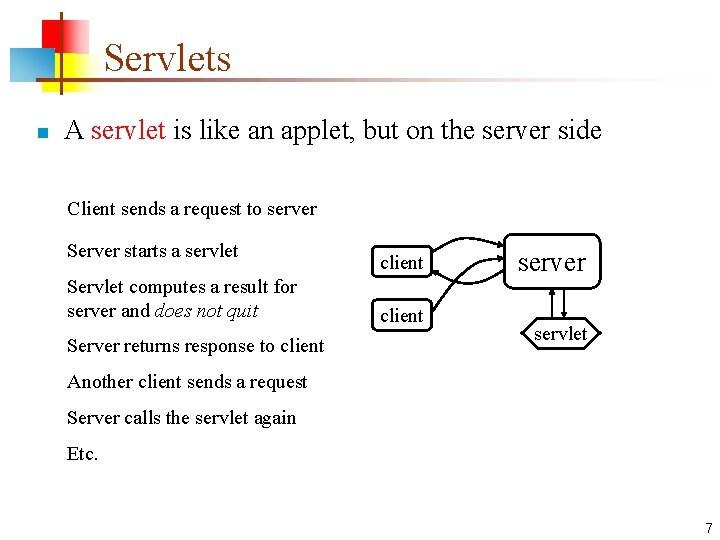 Servlets n A servlet is like an applet, but on the server side Client