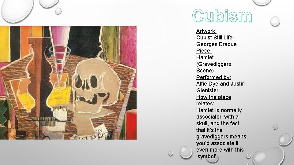 Cubism Artwork: Cubist Still Life. Georges Braque Piece: Hamlet (Gravediggers Scene) Performed by: Alfie