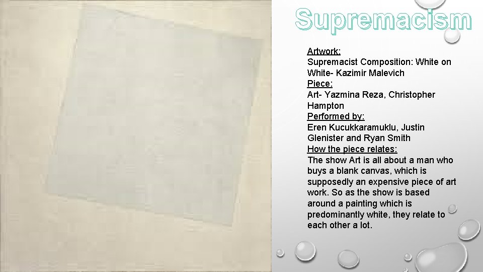 Supremacism Artwork: Supremacist Composition: White on White- Kazimir Malevich Piece: Art- Yazmina Reza, Christopher