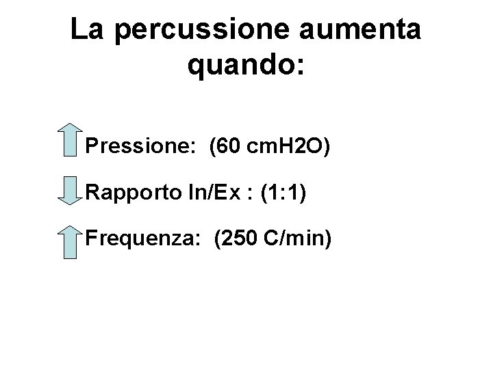La percussione aumenta quando: • Pressione: (60 cm. H 2 O) • Rapporto In/Ex
