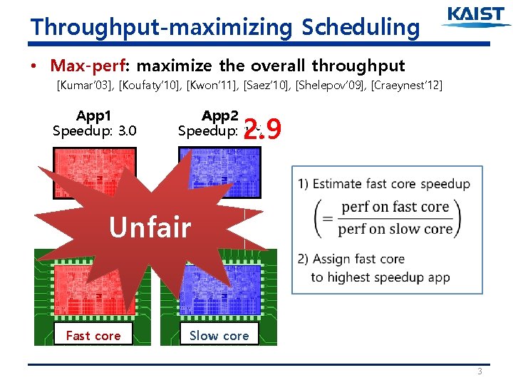 Throughput-maximizing Scheduling • Max-perf: maximize the overall throughput [Kumar’ 03], [Koufaty’ 10], [Kwon‘ 11],