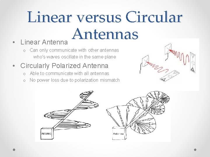  • Linear versus Circular Antennas Linear Antenna o Can only communicate with other