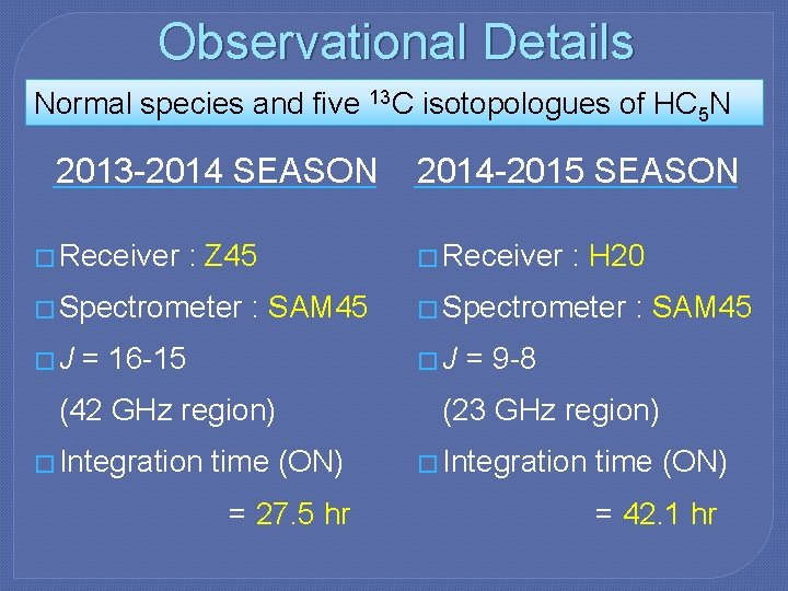 Observational Details Normal species and five 13 C isotopologues of HC 5 N 2013