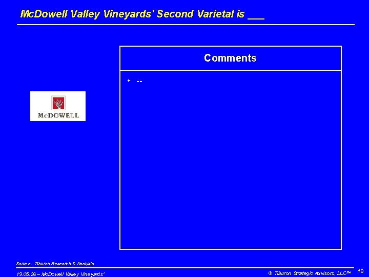 Mc. Dowell Valley Vineyards' Second Varietal is ___ Comments • -- Source: Tiburon Research