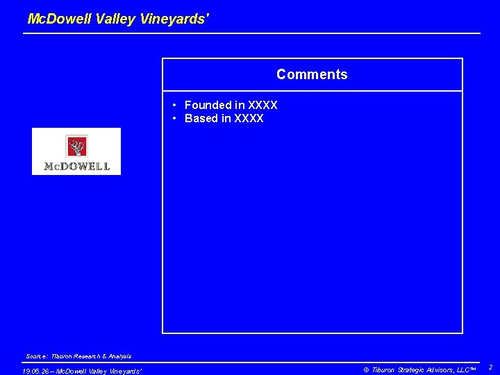 Mc. Dowell Valley Vineyards' Comments • Founded in XXXX • Based in XXXX Source: