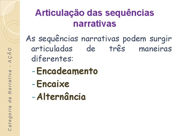 Categoria da Narrativa - AÇÃO Articulação das sequências narrativas As sequências narrativas podem surgir