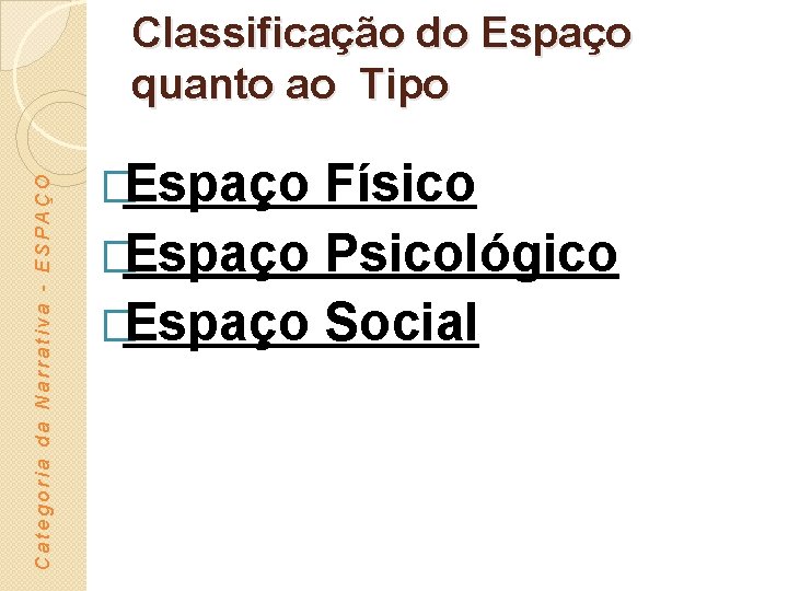 Categoria da Narrativa - ESPAÇO Classificação do Espaço quanto ao Tipo �Espaço Físico �Espaço