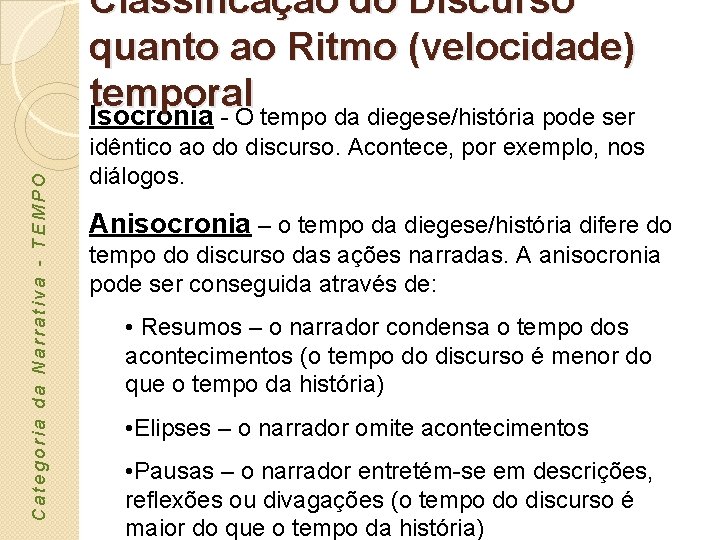 Categoria da Narrativa - TEMPO Classificação do Discurso quanto ao Ritmo (velocidade) temporal Isocronia