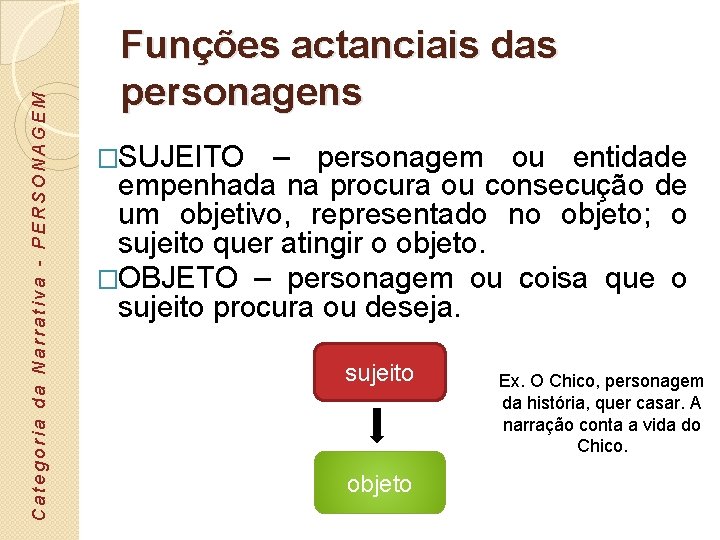 Categoria da Narrativa - PERSONAGEM Funções actanciais das personagens �SUJEITO – personagem ou entidade