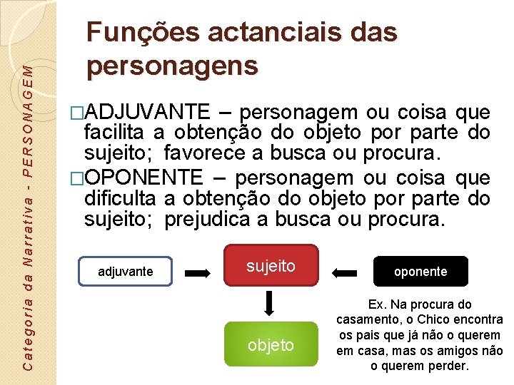 Categoria da Narrativa - PERSONAGEM Funções actanciais das personagens �ADJUVANTE – personagem ou coisa