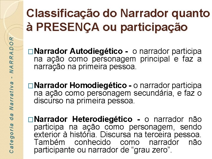 Categoria da Narrativa - NARRADOR Classificação do Narrador quanto à PRESENÇA ou participação �Narrador