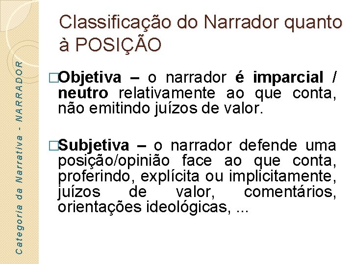 Categoria da Narrativa - NARRADOR Classificação do Narrador quanto à POSIÇÃO �Objetiva – o