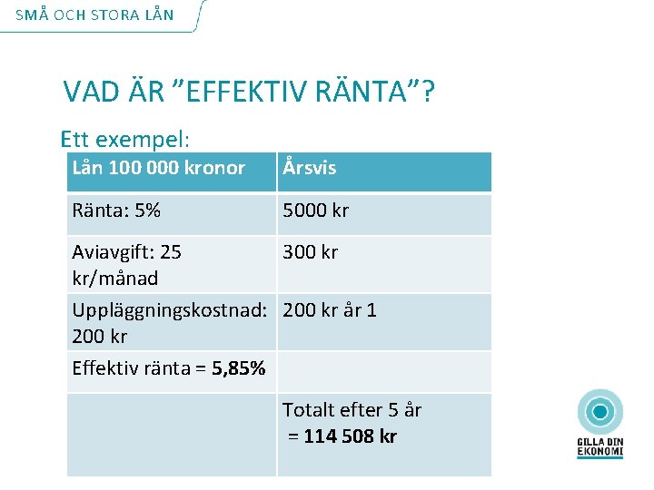 SMÅ OCH STORA LÅN VAD ÄR ”EFFEKTIV RÄNTA”? Ett exempel: Lån 100 000 kronor