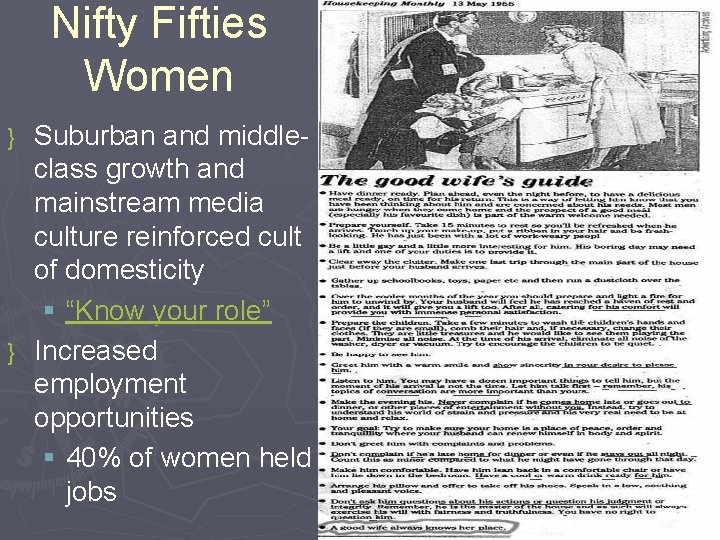 Nifty Fifties Women Suburban and middleclass growth and mainstream media culture reinforced cult of