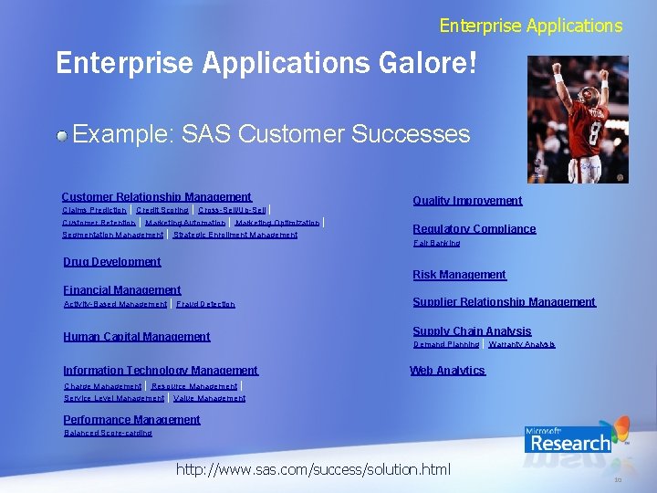 Enterprise Applications Galore! Example: SAS Customer Successes Customer Relationship Management Claims Prediction | Credit