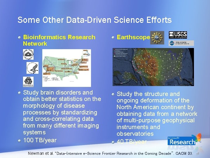 Some Other Data-Driven Science Efforts Bioinformatics Research Network Earthscope Study brain disorders and obtain