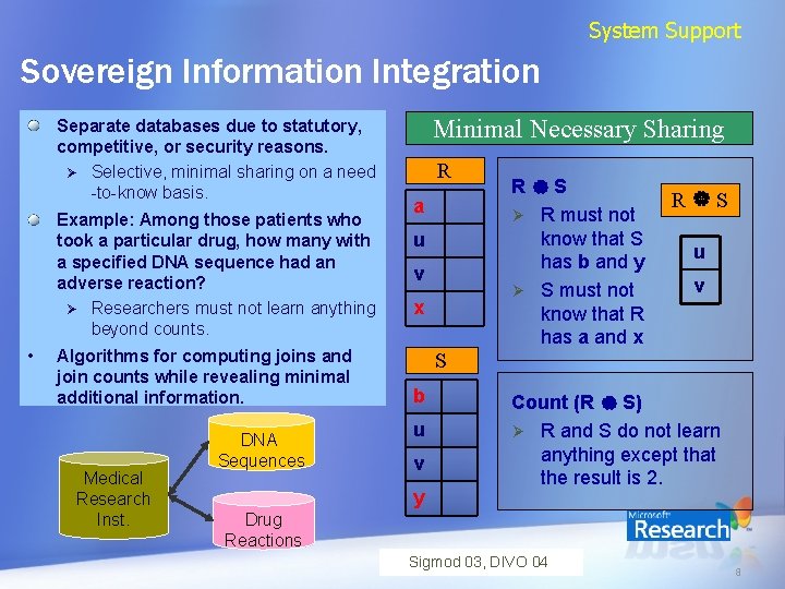 System Support Sovereign Information Integration Separate databases due to statutory, competitive, or security reasons.