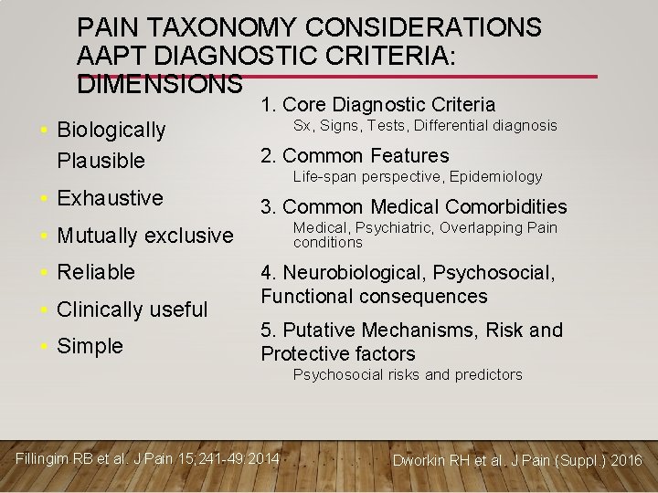 PAIN TAXONOMY CONSIDERATIONS AAPT DIAGNOSTIC CRITERIA: DIMENSIONS 1. Core Diagnostic Criteria • Biologically Plausible