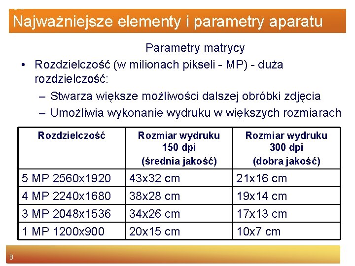 Najważniejsze elementy i parametry aparatu Parametry matrycy • Rozdzielczość (w milionach pikseli - MP)