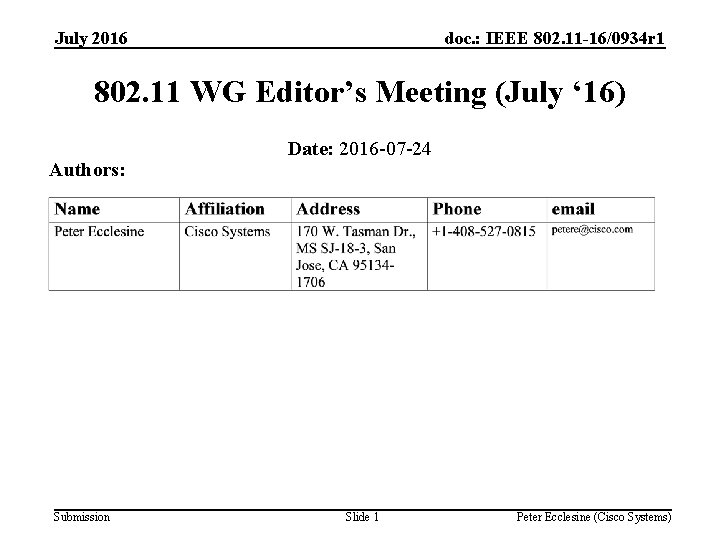 July 2016 doc. : IEEE 802. 11 -16/0934 r 1 802. 11 WG Editor’s