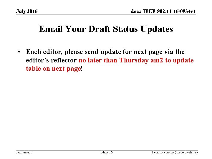 July 2016 doc. : IEEE 802. 11 -16/0934 r 1 Email Your Draft Status