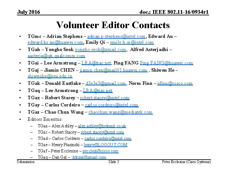 July 2016 doc. : IEEE 802. 11 -16/0934 r 1 Volunteer Editor Contacts •