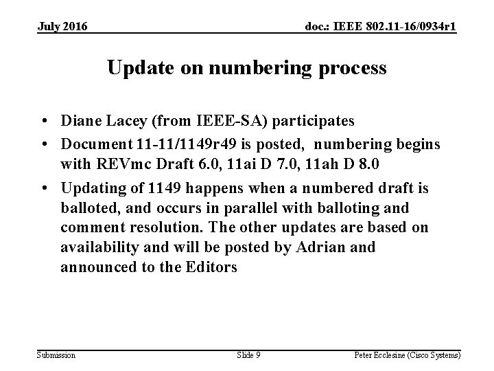 July 2016 doc. : IEEE 802. 11 -16/0934 r 1 Update on numbering process