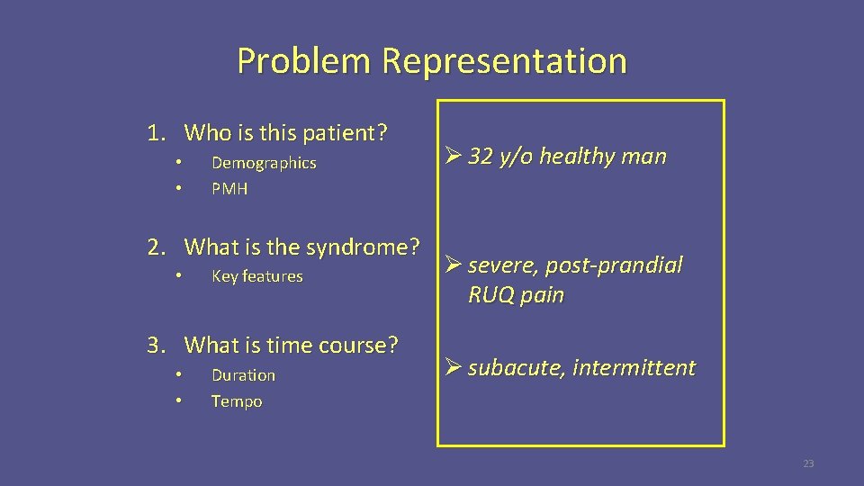 Problem Representation 1. Who is this patient? • • Demographics PMH 2. What is