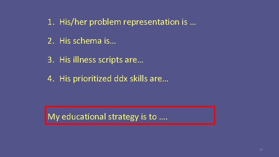 1. His/her problem representation is … 2. His schema is… 3. His illness scripts