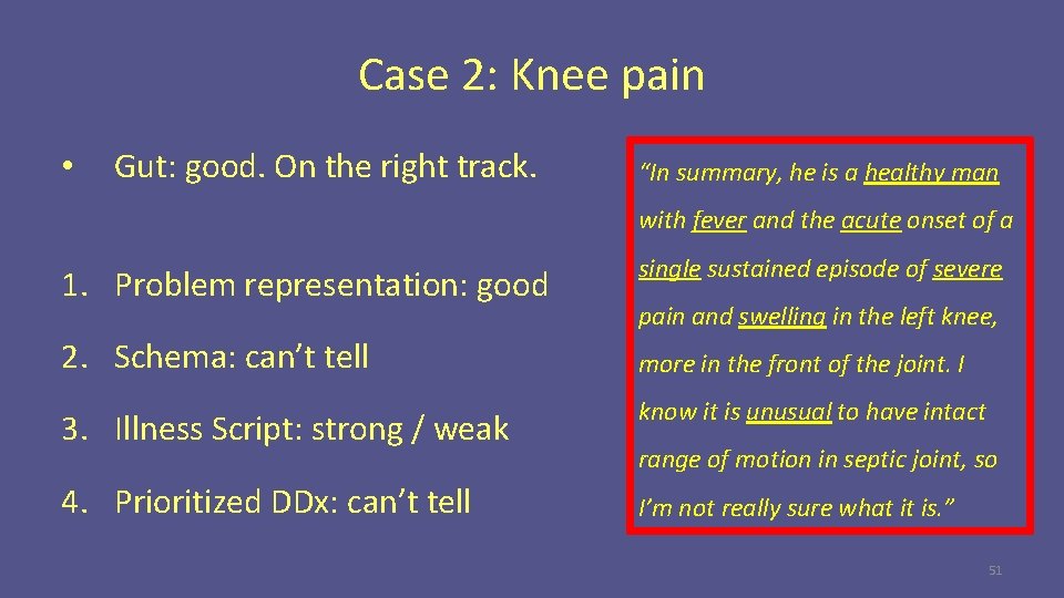 Case 2: Knee pain • Gut: good. On the right track. “In summary, he