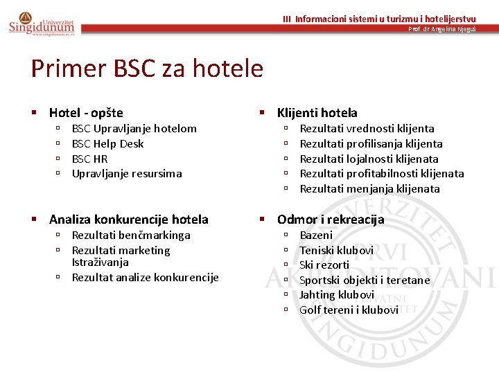 III Informacioni sistemi u turizmu i hotelijerstvu Prof. dr Angelina Njeguš Primer BSC za