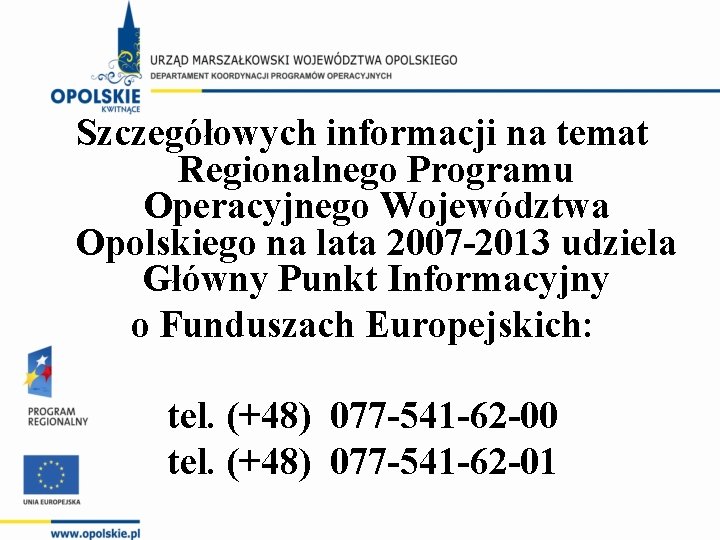 Szczegółowych informacji na temat Regionalnego Programu Operacyjnego Województwa Opolskiego na lata 2007 -2013 udziela