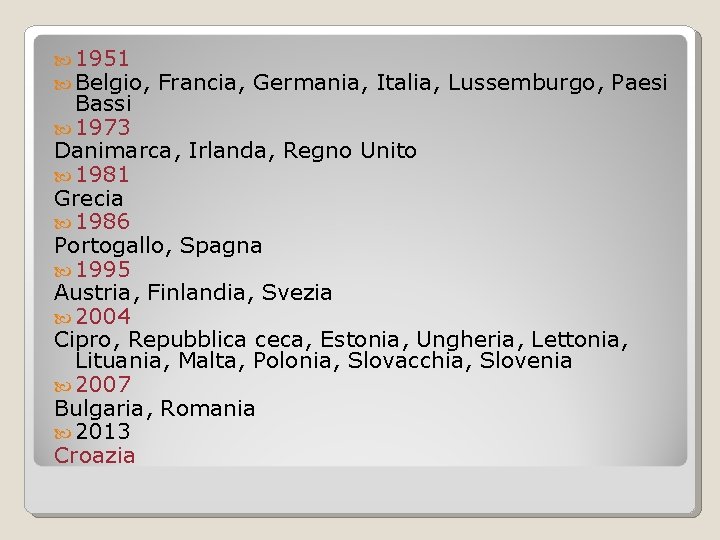  1951 Belgio, Francia, Germania, Italia, Lussemburgo, Paesi Bassi 1973 Danimarca, Irlanda, Regno Unito