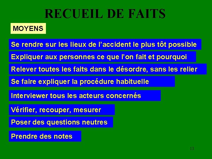 RECUEIL DE FAITS MOYENS Se rendre sur les lieux de l’accident le plus tôt