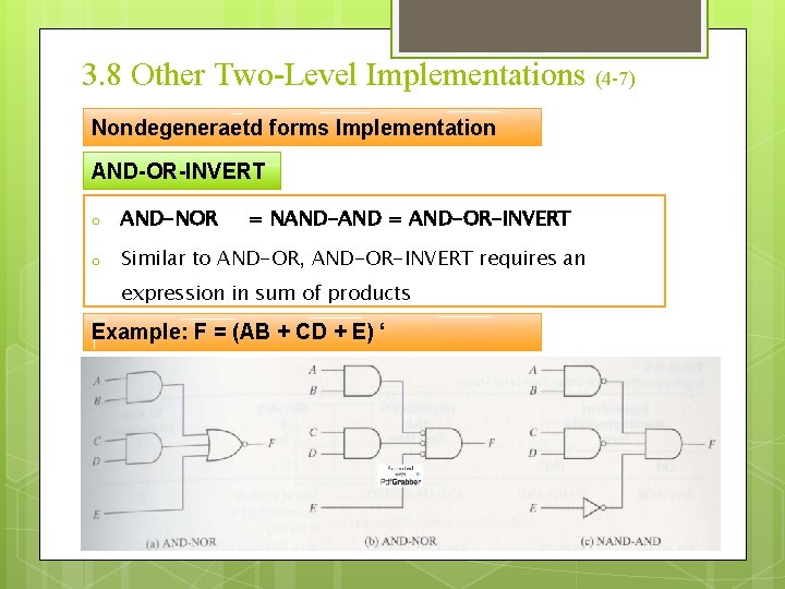 3. 8 Other Two-Level Implementations (4 -7) Nondegeneraetd forms Implementation AND-OR-INVERT o AND-NOR =