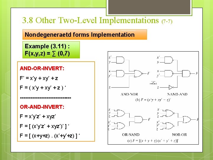 3. 8 Other Two-Level Implementations (7 -7) Nondegeneraetd forms Implementation Example (3. 11) :