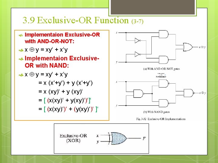 3. 9 Exclusive-OR Function (3 -7) Implementaion Exclusive-OR with AND-OR-NOT: x y = xy‘