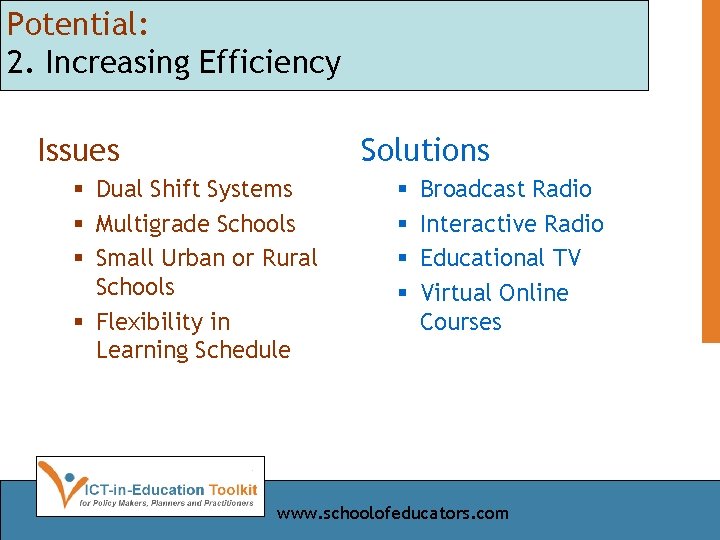 Potential: 2. Increasing Efficiency Issues Solutions § Dual Shift Systems § Multigrade Schools §