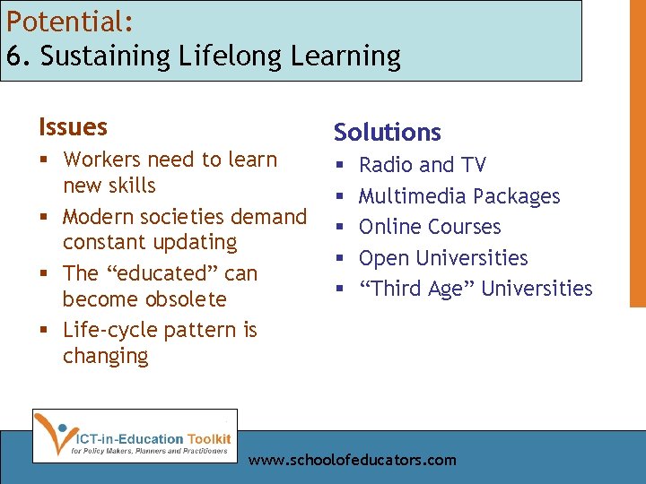 Potential: 6. Sustaining Lifelong Learning Issues Solutions § Workers need to learn new skills