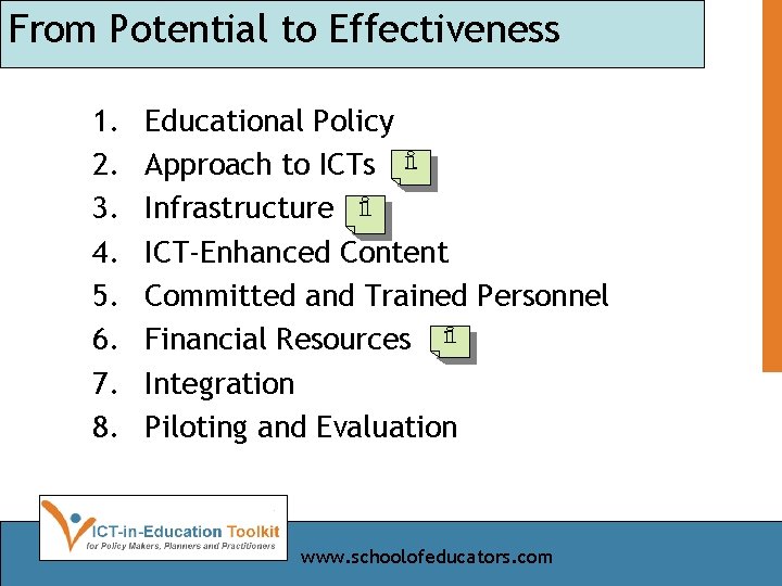 From Potential to Effectiveness 1. 2. 3. 4. 5. 6. 7. 8. Educational Policy