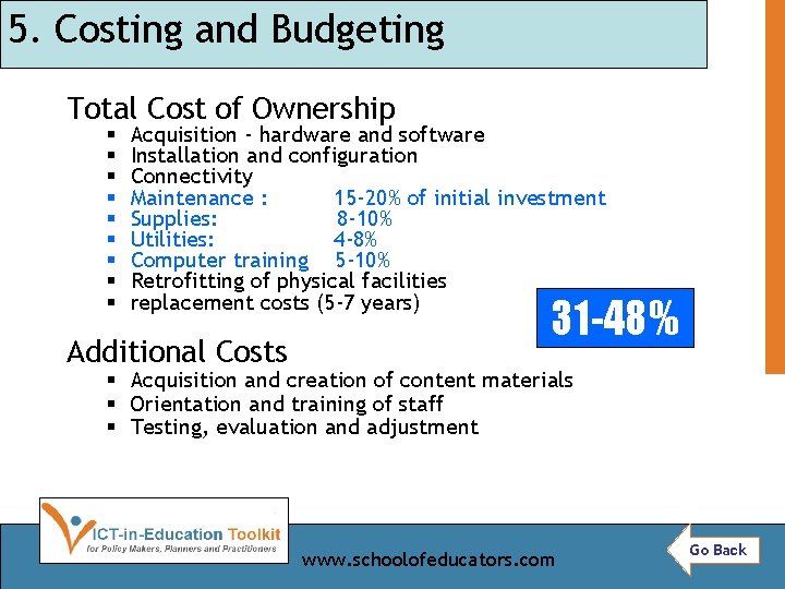 5. Costing and Budgeting Total Cost of Ownership § § § § § Acquisition